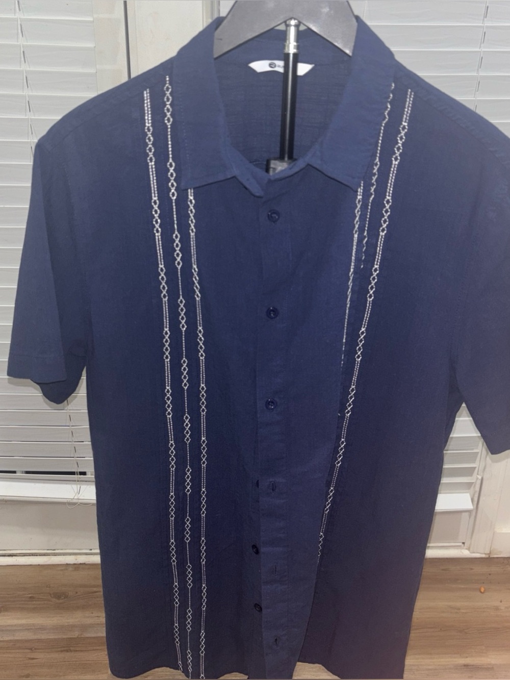 Cuban Men's Navy Short-Sleeve Embroidered Casual Button-Down Shirt